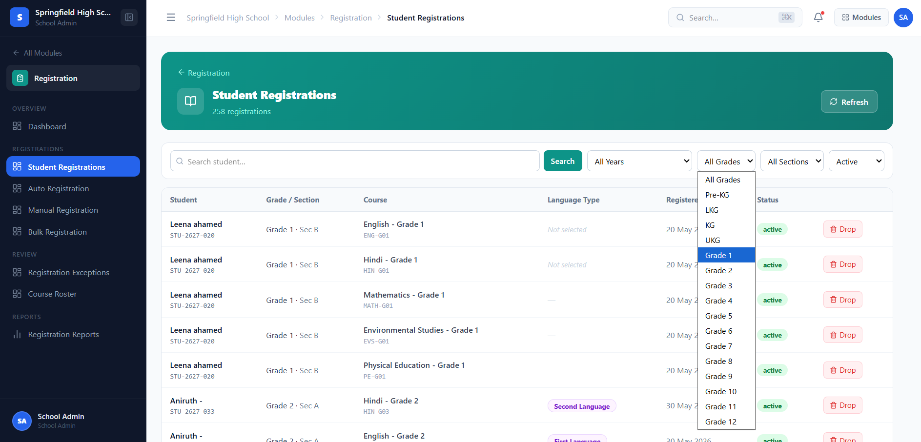 Student Registrations list