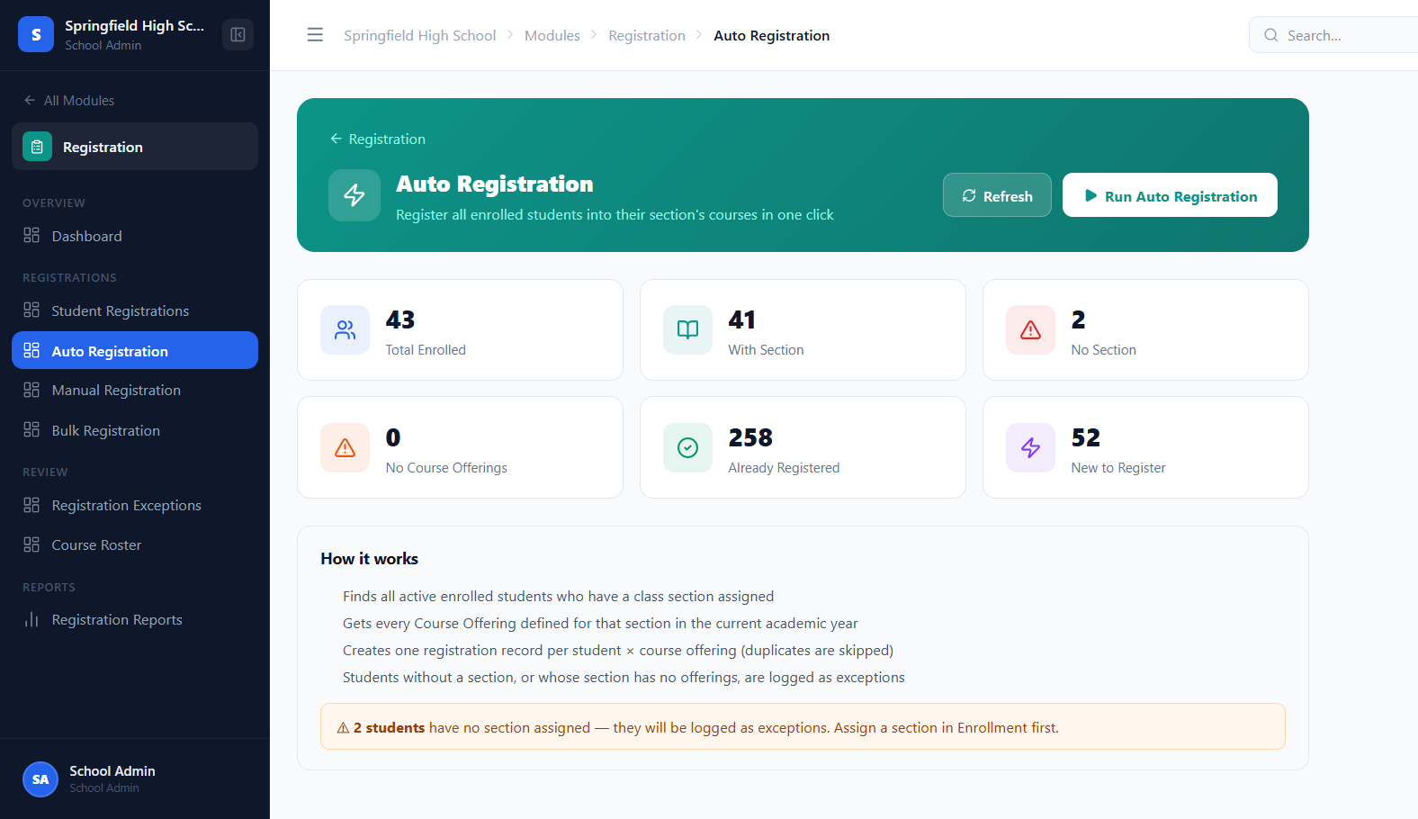 Auto Registration dashboard